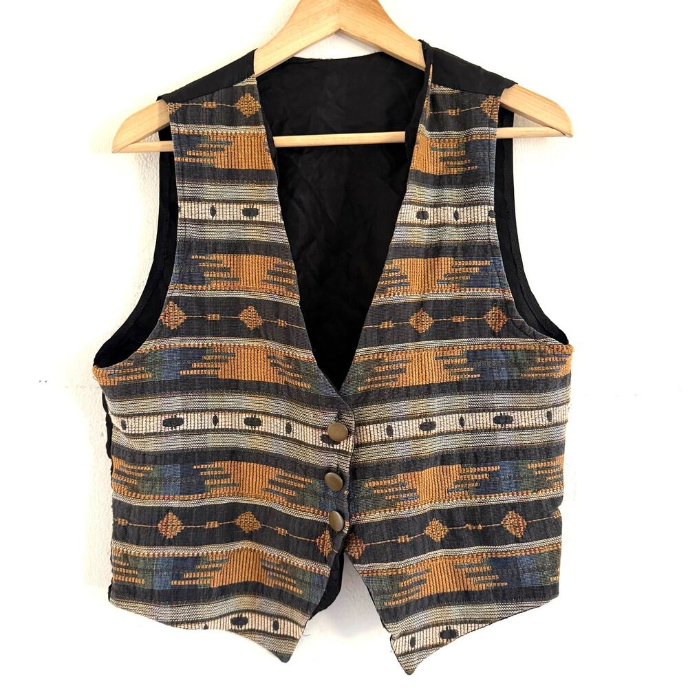 Vintage KWBL Los Angeles Southwestern Tapestry Vest Medium Black Geometric Boho